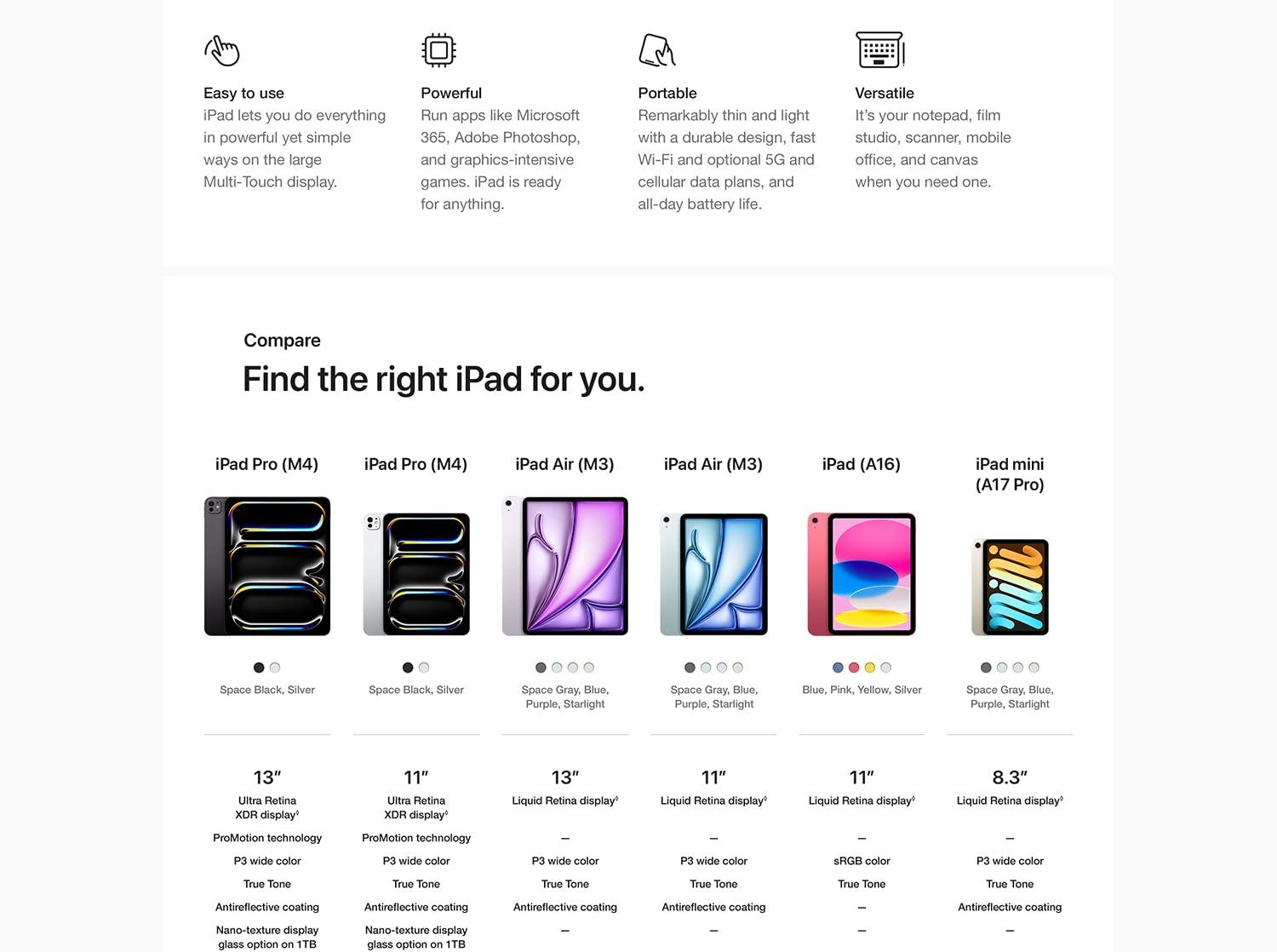 Easy to use. iPad lets you do everything in powerful yet simple ways on the large Multi-Touch display. Powerful Run apps like Microsoft Office, Adobe Photoshop, and graphics-intensive games. iPad is ready for anything. Portable Remarkably thin and light with a durable design, fast Wi-Fi and cellular,. and all-day battery life. Versatile. It's your notepad, film studio, scanner, mobile office, and canvas when you need one. Compare Find the right iPad for you. iPad Pro 12.9-inch iPad Pro 11-inch iPad Air iPad (10th generation) iPad (9th generation) iPad mini.